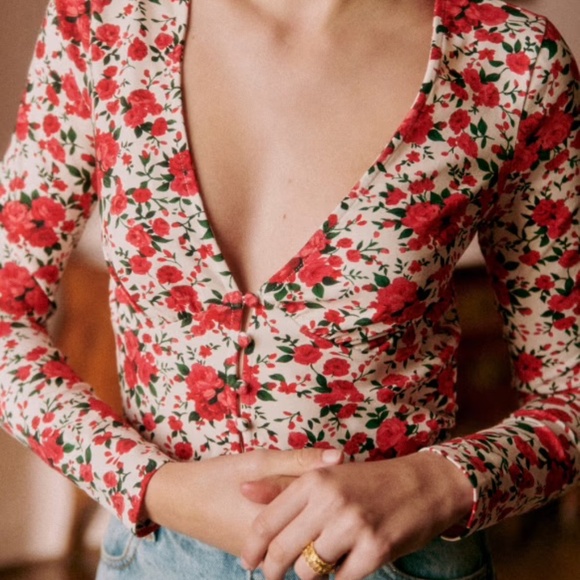 Sezane Lydia T-shirt Cream Red Roses - Size XXL - Picture 4 of 4